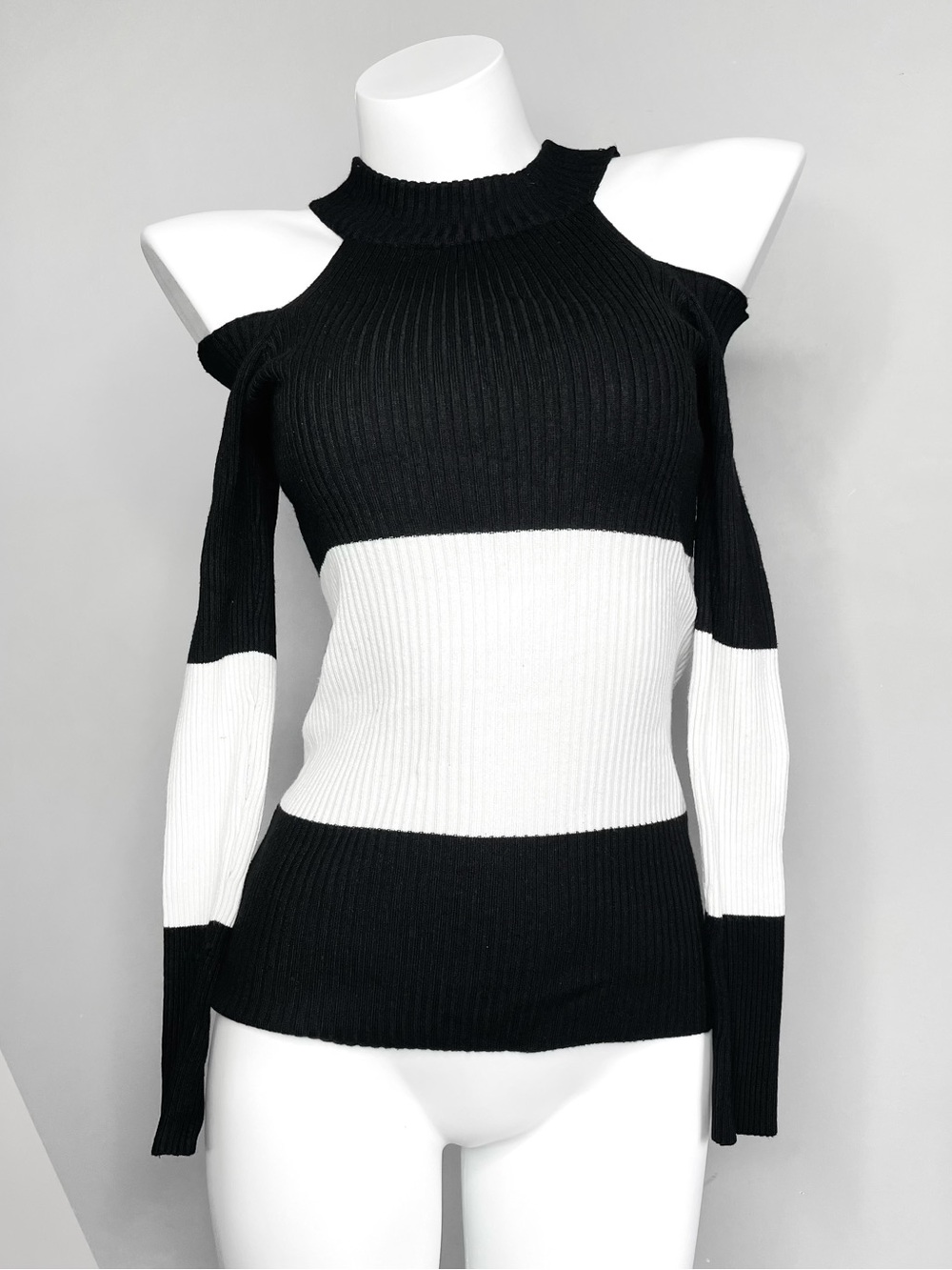 Black & White Striped Cold Shoulder Sweater